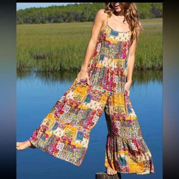 Natural Life NEW Stephanie Patchwork Floral Jumpsuit Boho Wide Leg Size Medium - Picture 1 of 5